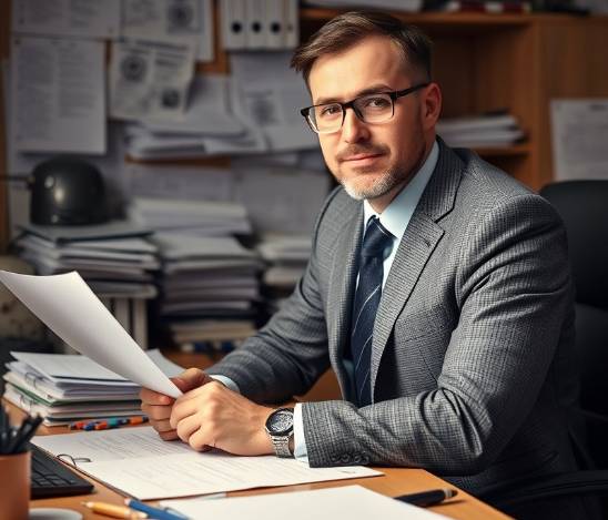 Determined business guy at a desk with files and work activities.